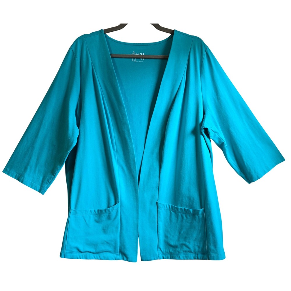 D&Co Women 1X Comfy Cotton Knit Turquoise Open Front Cardigan 3/4 Sleeve Pockets